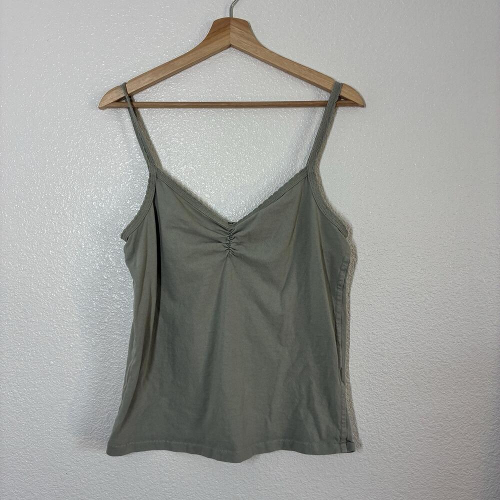 AMO Tank Top Womens Large Green V Neck Ruched Front 100% Cotton Jersey Cami